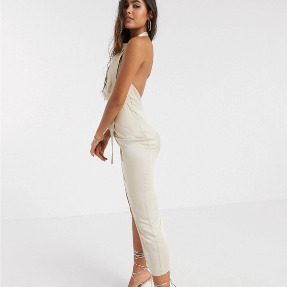 ASOS DESIGN halter drape detail midi dress with buckle in textured satin crepe - Picture 2 of 12